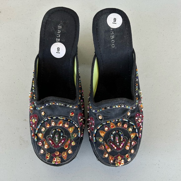 BAMBOO Shoes - Bamboo New Beaded Festival Boho Clogs Size 9 Chunky Platform Slip On Y2K Hippie